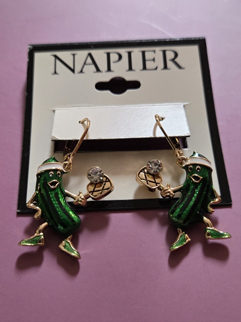 Napier Green Enamel Pickle Dangle Earrings with Gold Accents - Picture 4 of 6